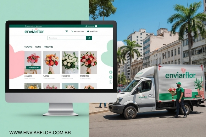 Serviço de entrega online de flores brasileiras mostrando pedidos e posicionamento de entrega modernos