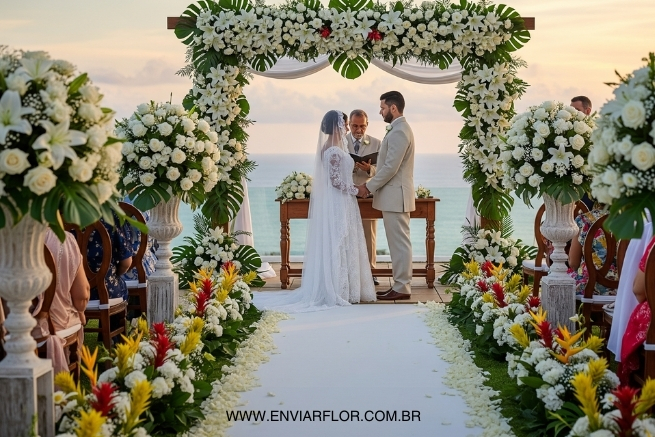 Arranjos online de flores para casamento no Brasil, com rosas brancas e lírios tradicionais.