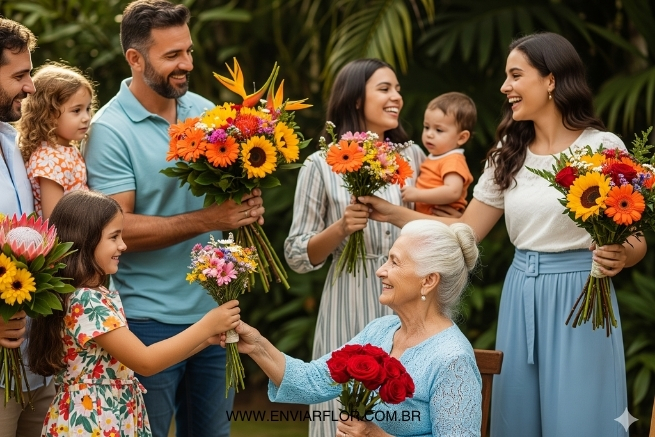 A tradição online de flores da família brasileira demonstra o significado cultural de presentear. Posicionamento: Meio da seção de significado cultural.