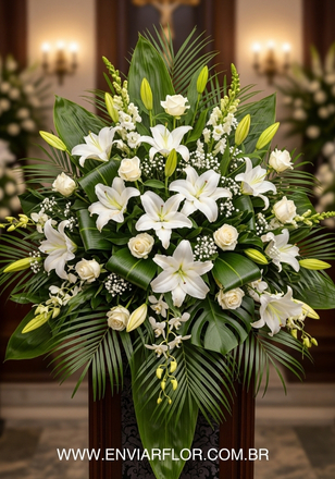 Arranjos de flores funerárias brasileiras online com lírios brancos
